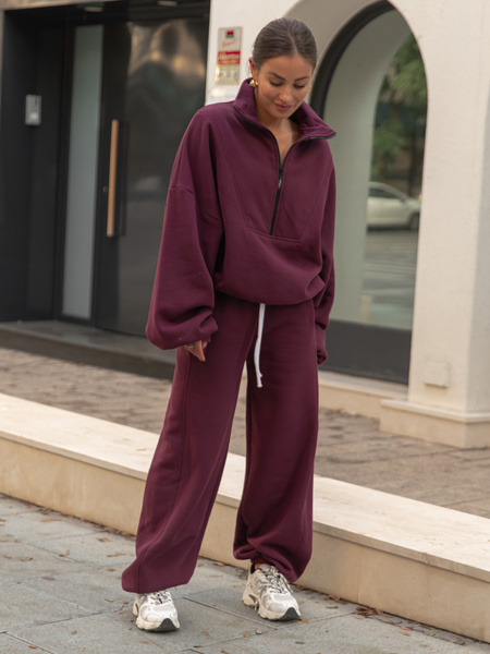 Oversizowe bawełniane SPODNIE dresu drapanego z przeszyciem i ściągaczami śliwkowe X476