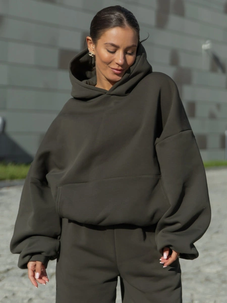 Viralowa Dresowa bawełniana BLUZA z kapturem oversize szeroka dark khaki E644