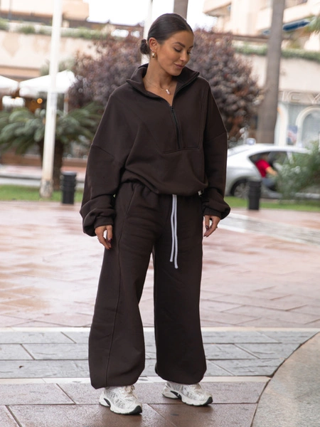 Oversizowe bawełniane SPODNIE dresu drapanego z przeszyciem i ściągaczami dark chocolate X476