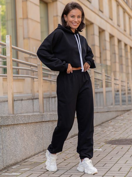 Dresowy bawełniany KOMPLET bluza kangurka z kapturem i spodnie klasyczny krój czarny X305