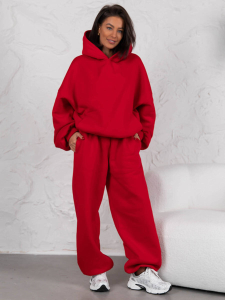 Dresowa bawełniana BLUZA z kapturem oversize szeroka czerwona E644