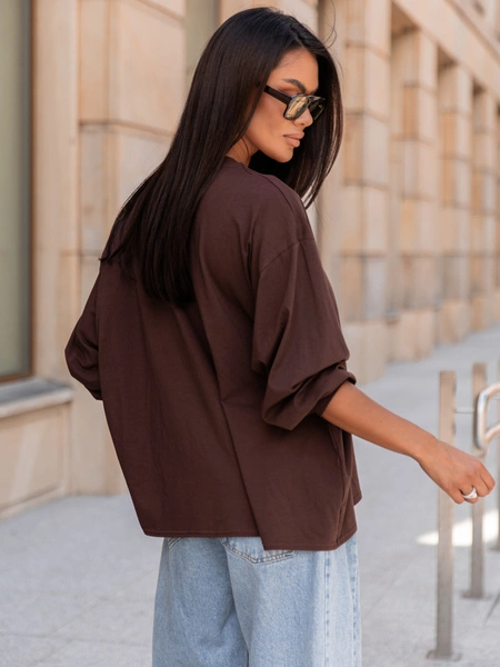 Oversizowy T-SHIRT bluzka z długim rękawem z bawełny brązowy X313