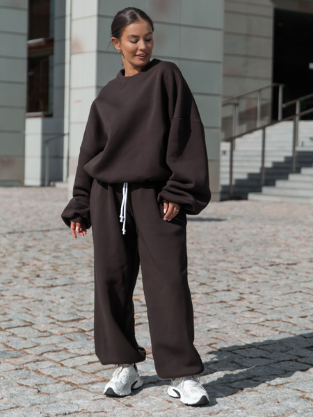 Dresowa bawełniana BLUZA oversize szeroka dark chocolate X402