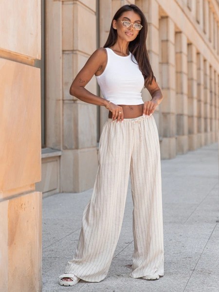 Lniane luźne długie SPODNIE z niższym stanem beżowe w tenisowy prążek X251 k01