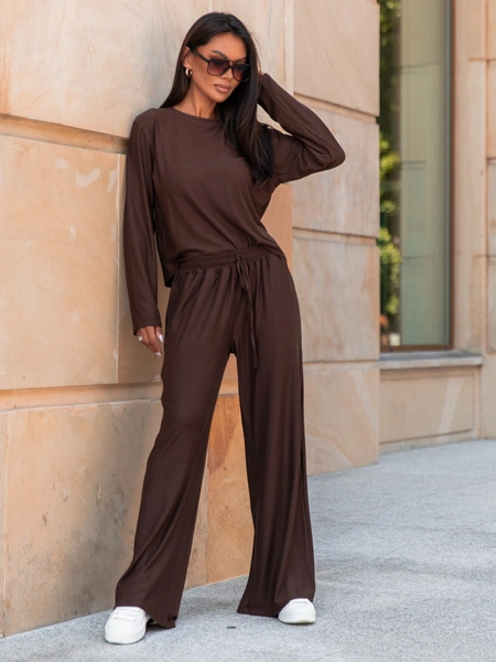 Codzienny komfortowy KOMPLET z wiscozy luźna bluzka z długim rękawem i szerokie spodnie czekoladowy X318