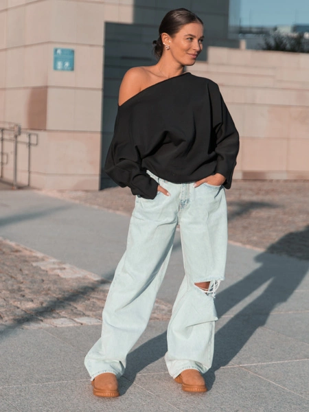 Dresowa bawełniana BLUZA opuszczana na ramiona oversize szeroka czarna X413 k01