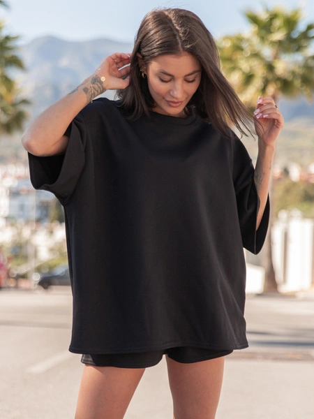 Dresowy bawełniany KOMPLET długi oversizowy t-shirt i krótkie spodenki czarny X134