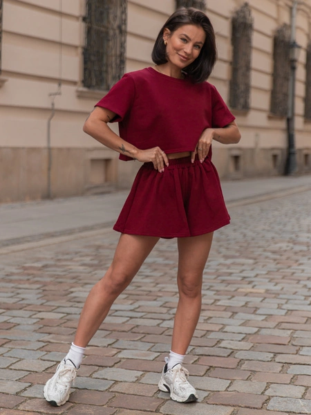 Dresowy bawełniany KOMPLET krótki oversizowy t-shirt i krótkie spodenki bordowy X133
