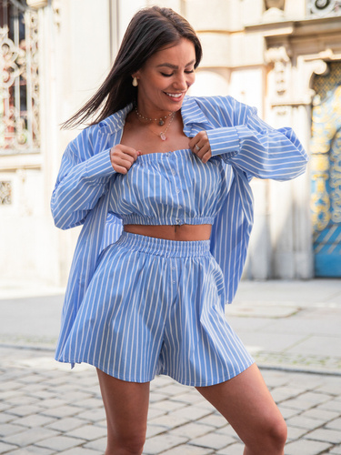Bawełniany KOMPLET 3w1 koszula z długim rękawem, krótki top z guziczkami, szorty z wysokim stanem w paski blue E318 k01