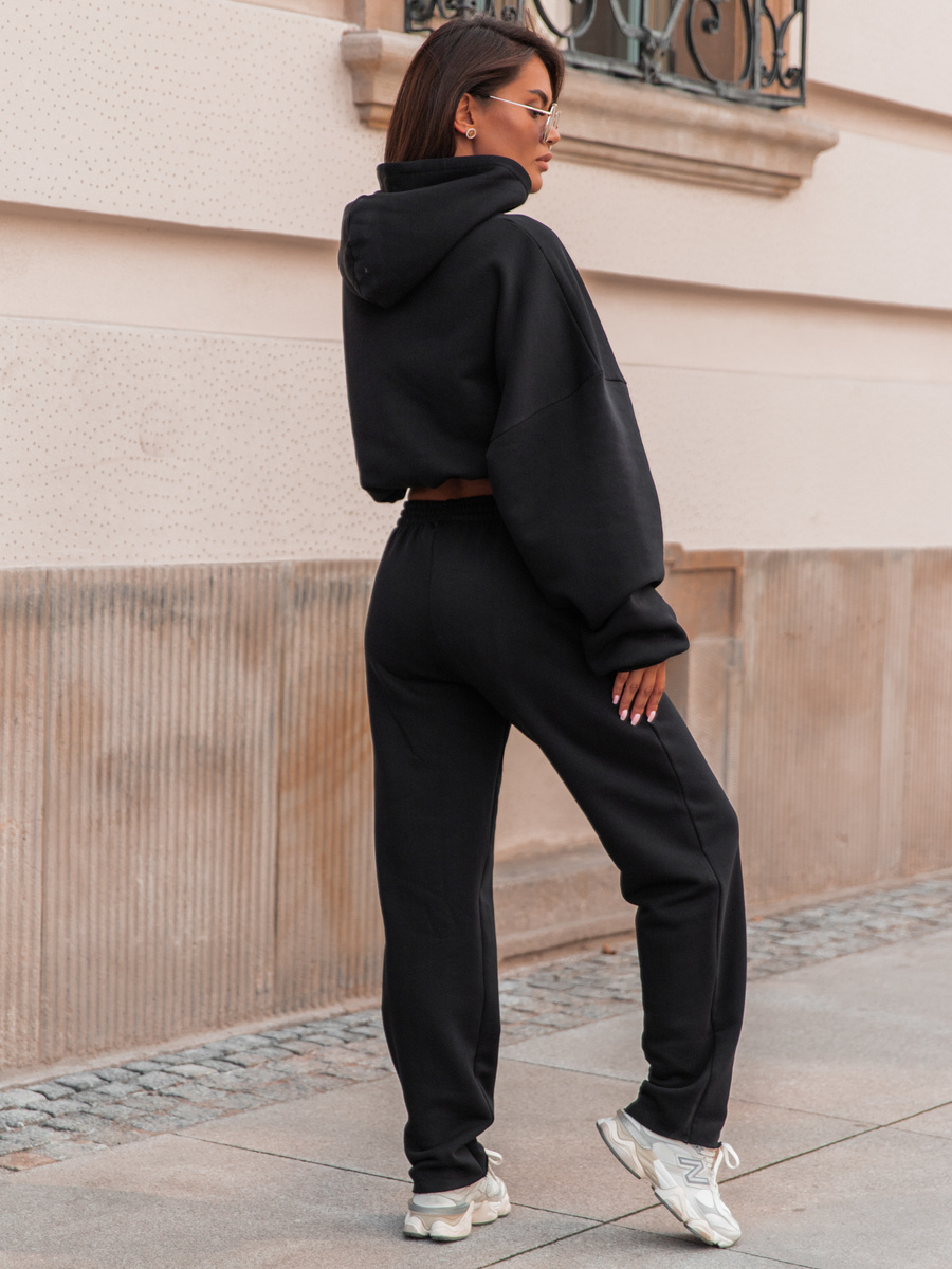 Dresowe bawełniane SPODNIE z wysokim stanem luźny krój czarny E359 k01