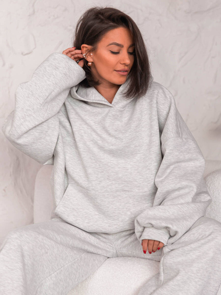 Dresowa bawełniana BLUZA z kapturem oversize szeroka szary melanż E644