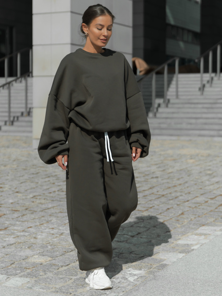 Dresowa bawełniana BLUZA oversize szeroka dark khaki X402