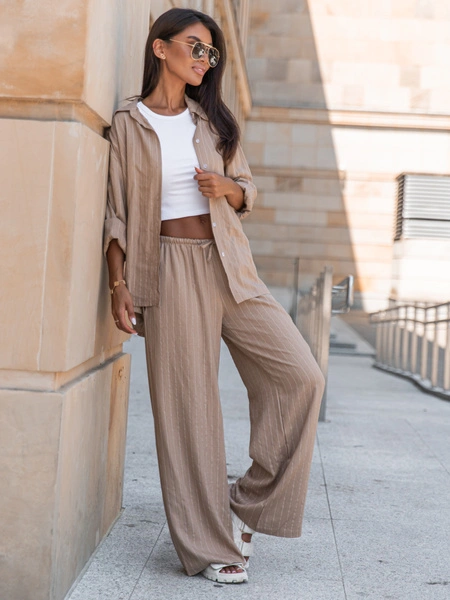 Lniana oversizowa dłuższa KOSZULA mokka w tenisowy prążek X250 k01