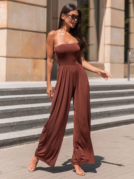 Komfortowy KOMBINEZON gorsetowa góra i luźne spodnie brązowy X256 k01