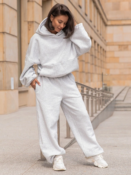 Viralowy ZESTAW: bawełniana BLUZA oversize z kapturem E644 + SPODNIE baggy E643 | szary melanz
