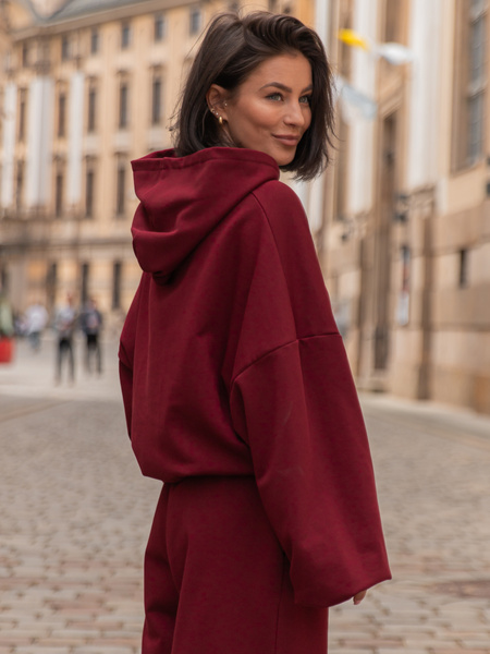Luźna BLUZA z kapturem oversize szeroka z bawełnianej dresówki niedrapanej od wewnątrz bordowa X150