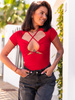 Bawełniana BLUZKA wycinana na dekolcie z prążkowanej dzianiny czerwona E109 k01