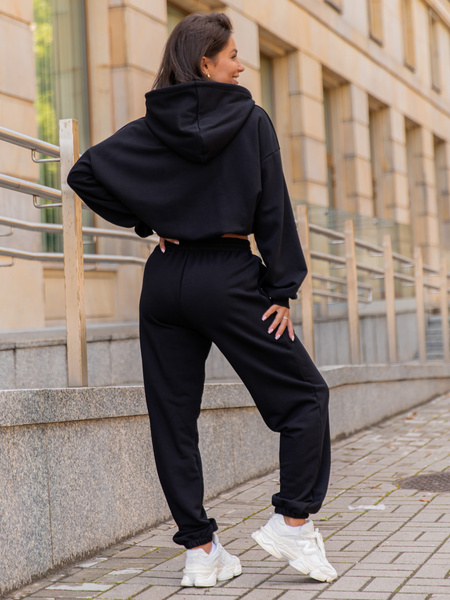 Dresowy bawełniany KOMPLET bluza kangurka z kapturem i spodnie klasyczny krój czarny X305 k01