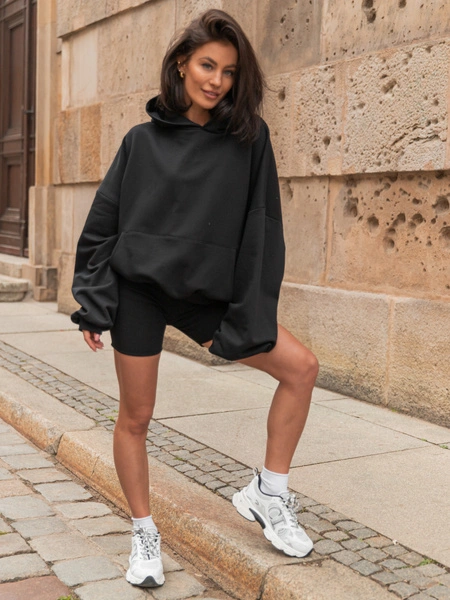 Luźna BLUZA z kapturem oversize szeroka z bawełnianej dresówki niedrapanej od wewnątrz czarna X150