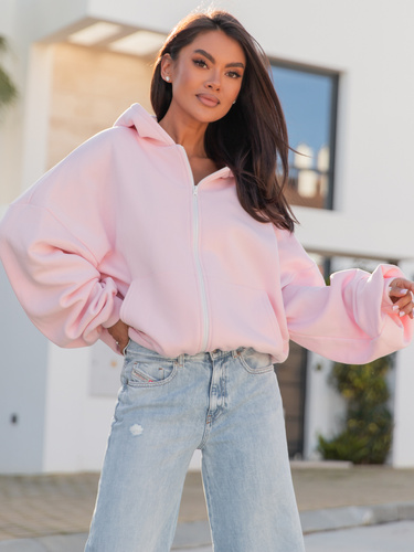 Oversizowa BLUZA z kapturem zapinana na zamek bluzowana kangurka z bawełnianej dresówki baby pink X1