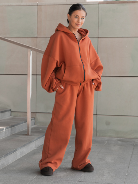 Dresowe bawełniane SPODNIE  z szerokimi nogawkami pumpkin orange X31