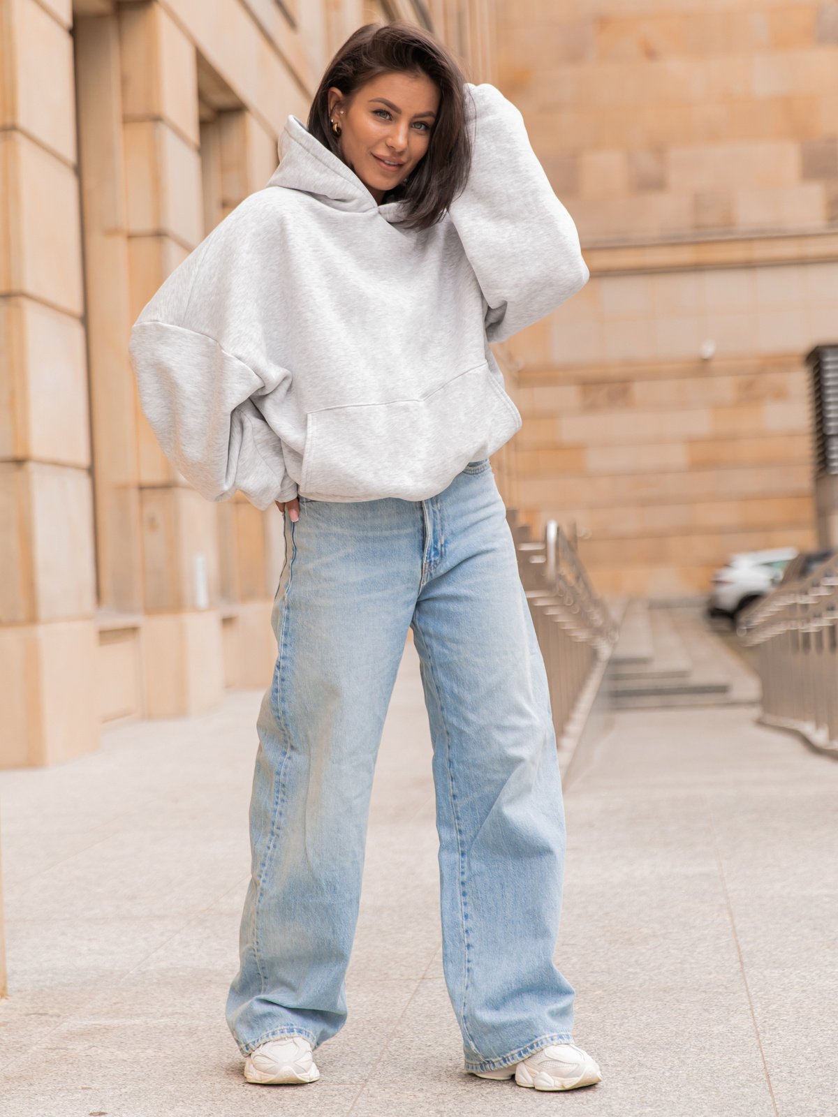 Viralowa Dresowa bawełniana BLUZA z kapturem oversize szeroka szary melanż E644