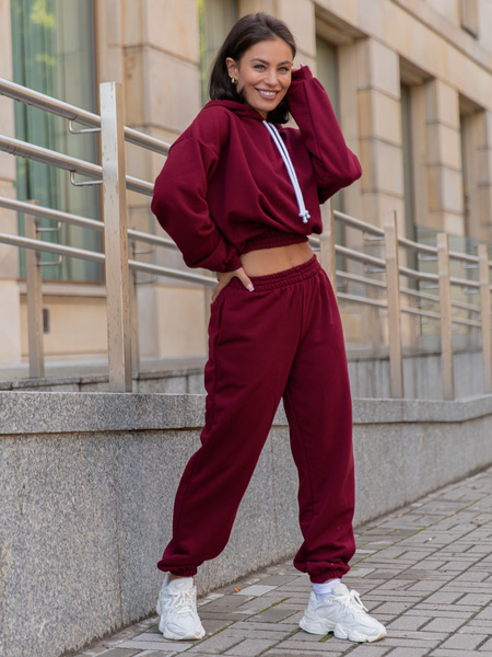 Dresowy bawełniany KOMPLET bluza kangurka z kapturem i spodnie klasyczny krój bordowy X305