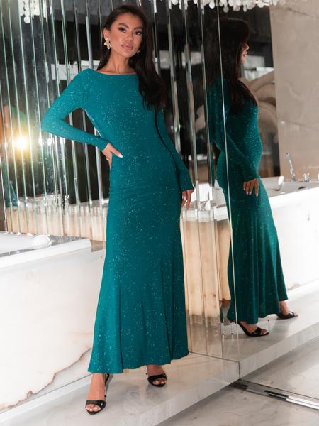 Maxi SUKIENKA z gołymi plecami drapowana z dzianiny pokrytej brokatem zielona E607 k01
