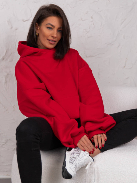 Bawełniana BLUZA z drapanego dresu z kapturem na stójce z kieszeniami kangurka czerwona E1