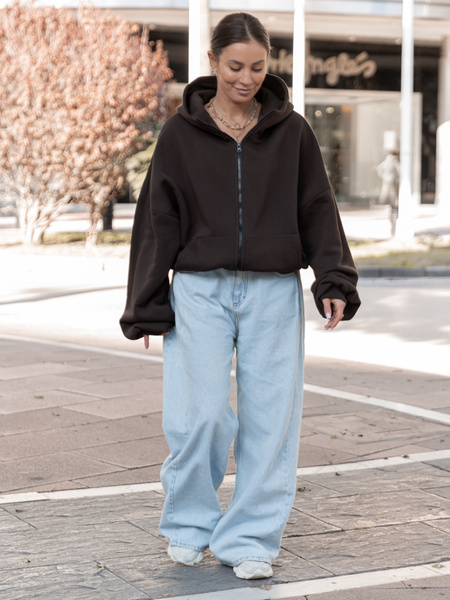 Bawełniana oversizowa BLUZA z kapturem zapinana na zamek z dresu drapanego dark chocolate X508