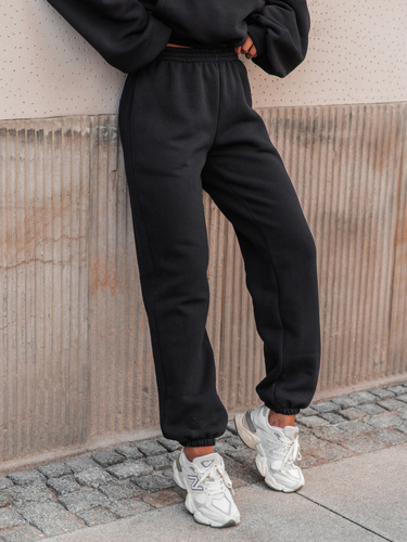 Dresowe bawełniane SPODNIE z wysokim stanem luźny krój ze ściągaczami czarne E341