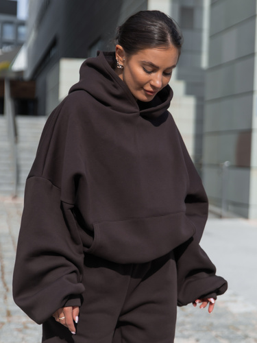 Viralowa Dresowa bawełniana BLUZA z kapturem oversize szeroka dark chocolate E644