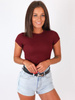 Bawełniana bluzka basic na krótki rękaw z prążka bordowa b15 kk01