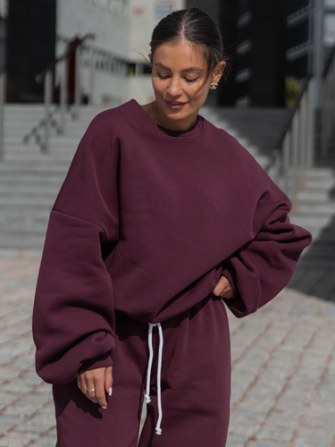 Dresowa bawełniana BLUZA oversize szeroka deep plum / śliwkowa X402