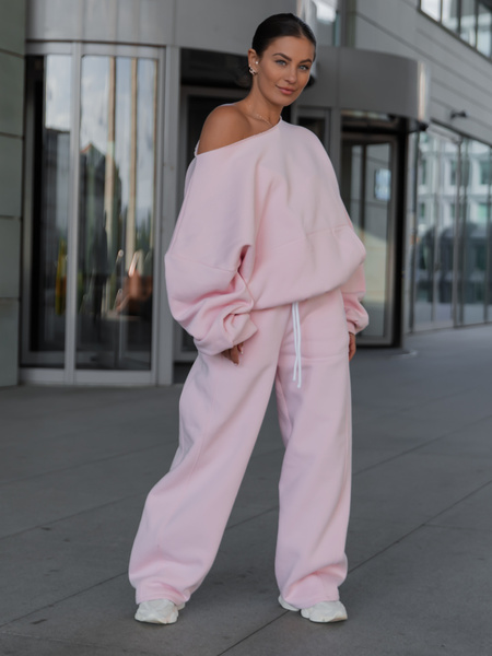 Dresowa bawełniana BLUZA opuszczana na ramiona oversize szeroka baby pink X400