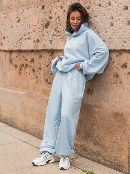 Luźne SPODNIE baggy z bawełnianej dresówki niedrapanej od wewnątrz baby blue X151 k01