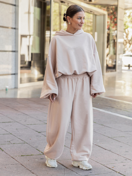 Bawełniana dresowa BLUZA z kapturem oversize z szerokimi rękawami z dresu pętelkowego beżowa X515