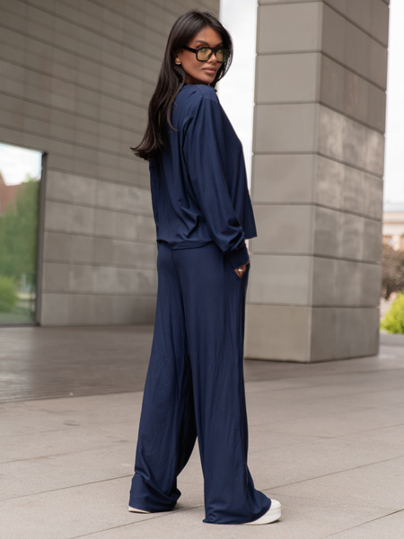 Wiskozowy codzienny KOMPLET lużna bluzka o kroju koszuli i luźne spodnie navy blue X357 k01