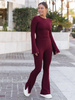 Codzienny KOMPLET bluzka i dopasowane spodnie z szerokimi nogawkami z prążkowanej dzianiny wiscoza i bawełna bordowy X502