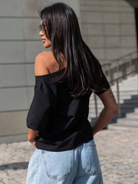 Bawełniany T-SHIRT bluzka z krótkim rękawem z dekoltem V czarna X404