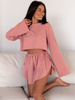 Bawełniana PIŻAMA komplet bluzka z długim rękawem i asymetryczne spodenki różowa P41 k01