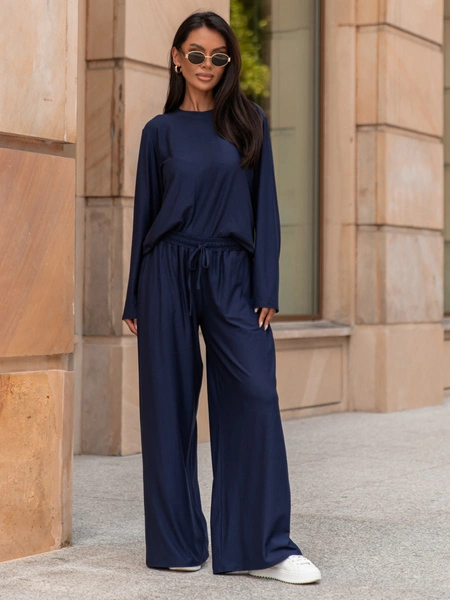 Codzienny komfortowy KOMPLET z wiscozy luźna bluzka z długim rękawem i szerokie spodnie navy blue X318