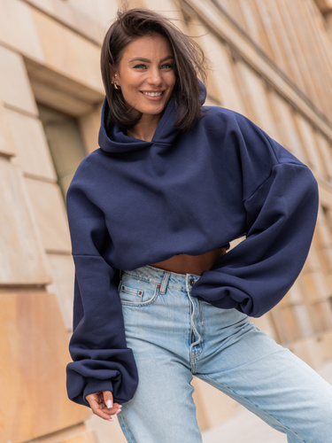 Dresowa bawełniana BLUZA kangurka z kapturem o krótszym kroju bluzowana navy blue X304