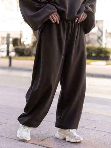 Bawełniane dresowe SPODNIE oversize baggy ze ściągaczami z dresówki pętelkowej dark chocolate X516