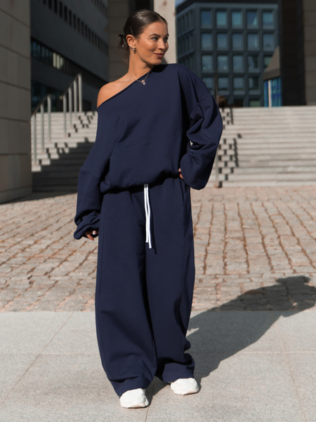 Dresowa bawełniana BLUZA opuszczana na ramiona oversize szeroka navy blue X400