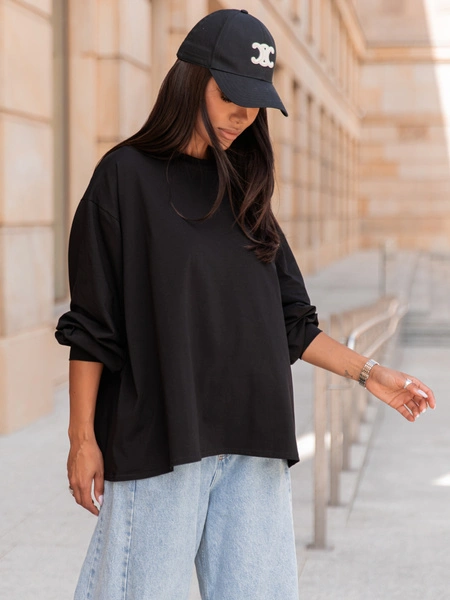 Oversizowy T-SHIRT bluzka z długim rękawem z bawełny czarny X313