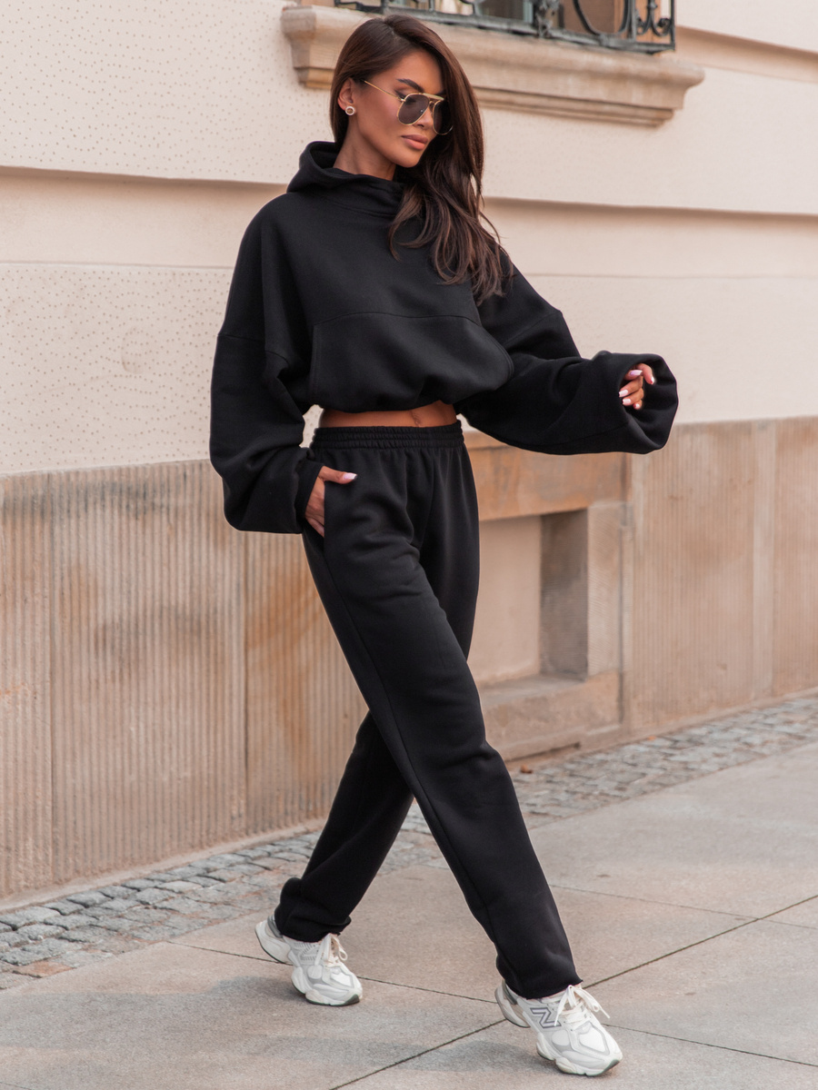 Dresowe bawełniane SPODNIE z wysokim stanem luźny krój czarny E359 k01