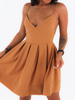 Elegancka rozkloszowana sukienka na cienkich ramiączkach camel c319 k01
