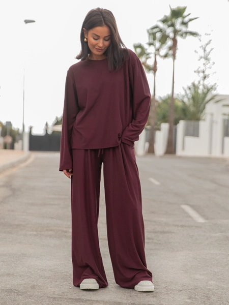 Luźny codzienny KOMPLET z wiscozy oversizowy t-shirt i luźne spodnie śliwkowy X475