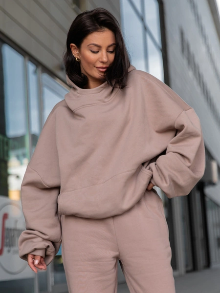 Viralowa Bawełniana BLUZA z drapanego dresu z kapturem na stójce z kieszeniami kangurka mokka E1